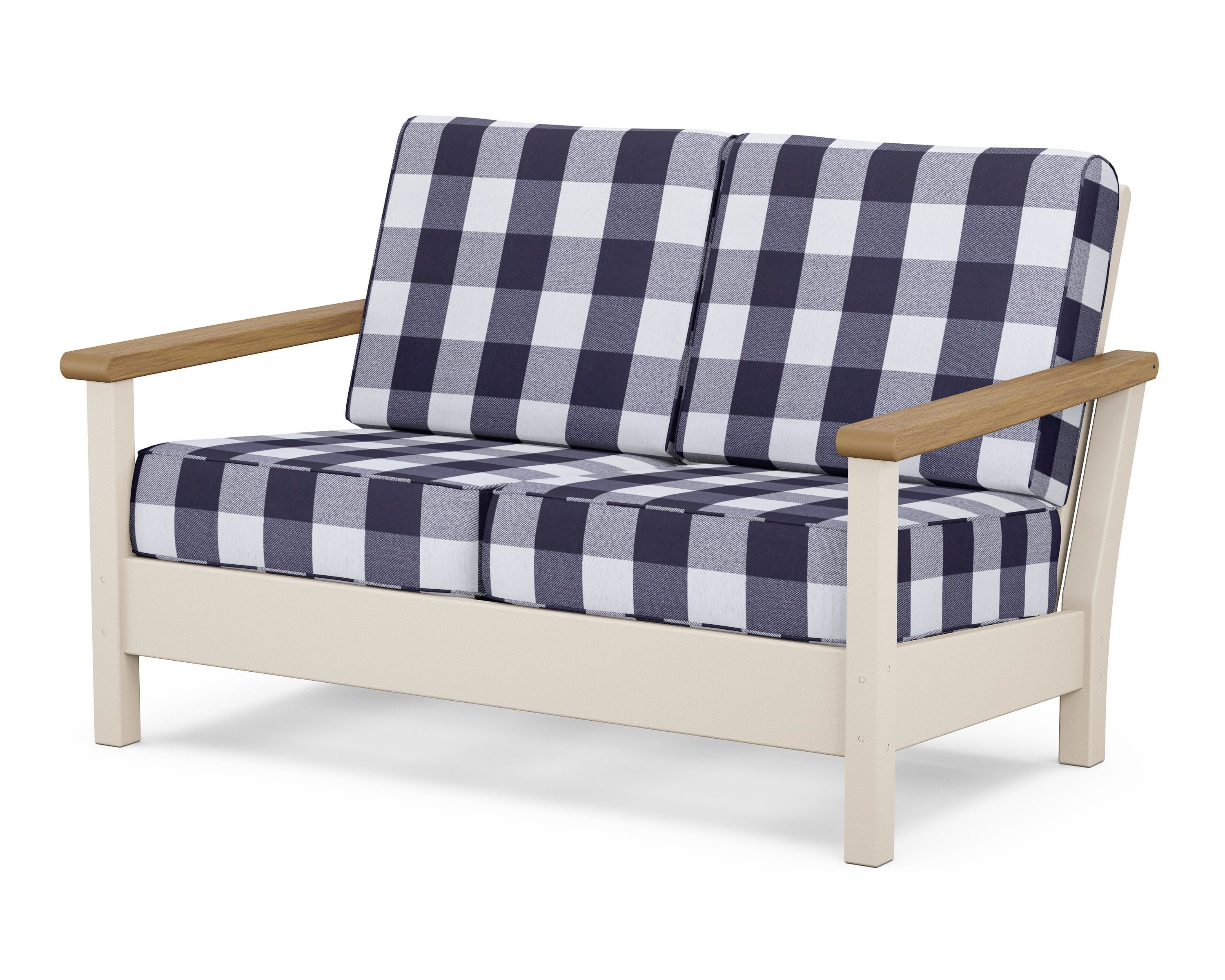 POLYWOOD® Harbour Deep Seating Loveseat in Sand / Natural / Buffalo Plaid Navy