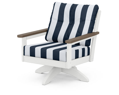 POLYWOOD® Vineyard Deep Seating Swivel Chair in White / Kona / Cabana Stripe Marine Indigo