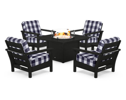 POLYWOOD® Harbour 5-Piece Conversation Set with Fire Pit Table in Black / Buffalo Plaid Navy