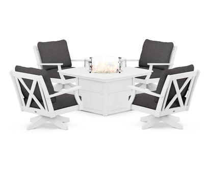 POLYWOOD® Braxton 5-Piece Deep Seating Swivel Conversation Set with Fire Pit Table in White / Ash Charcoal