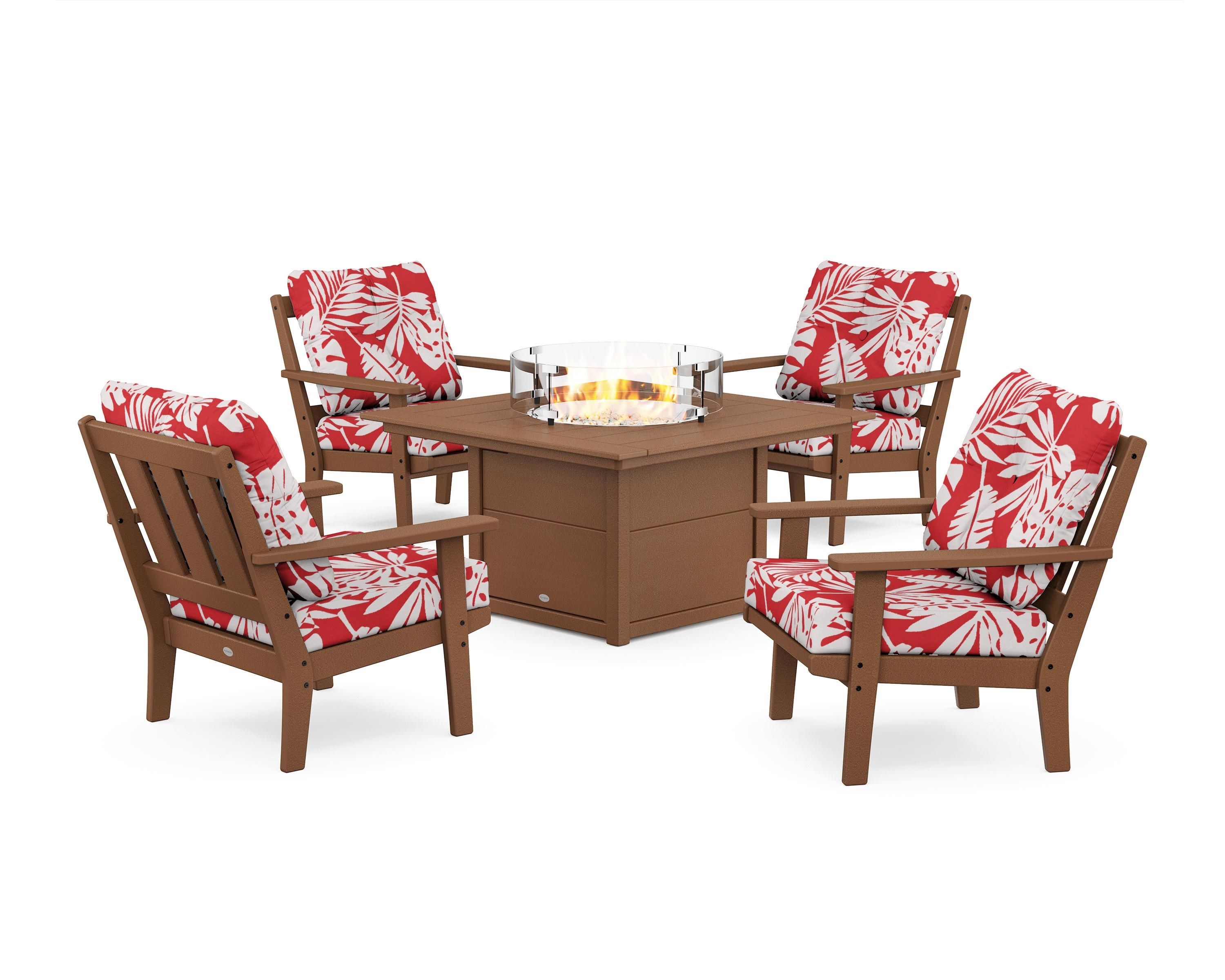 POLYWOOD® Oxford 5-Piece Deep Seating Set with Fire Pit Table in Teak / Leaf Crimson