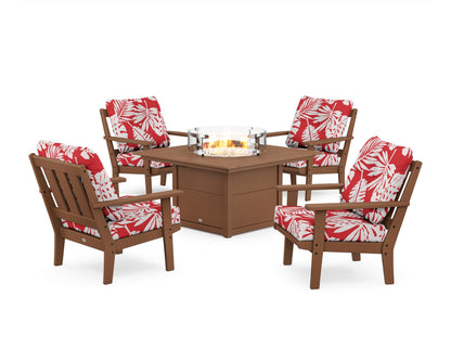 POLYWOOD® Oxford 5-Piece Deep Seating Set with Fire Pit Table in Teak / Leaf Crimson