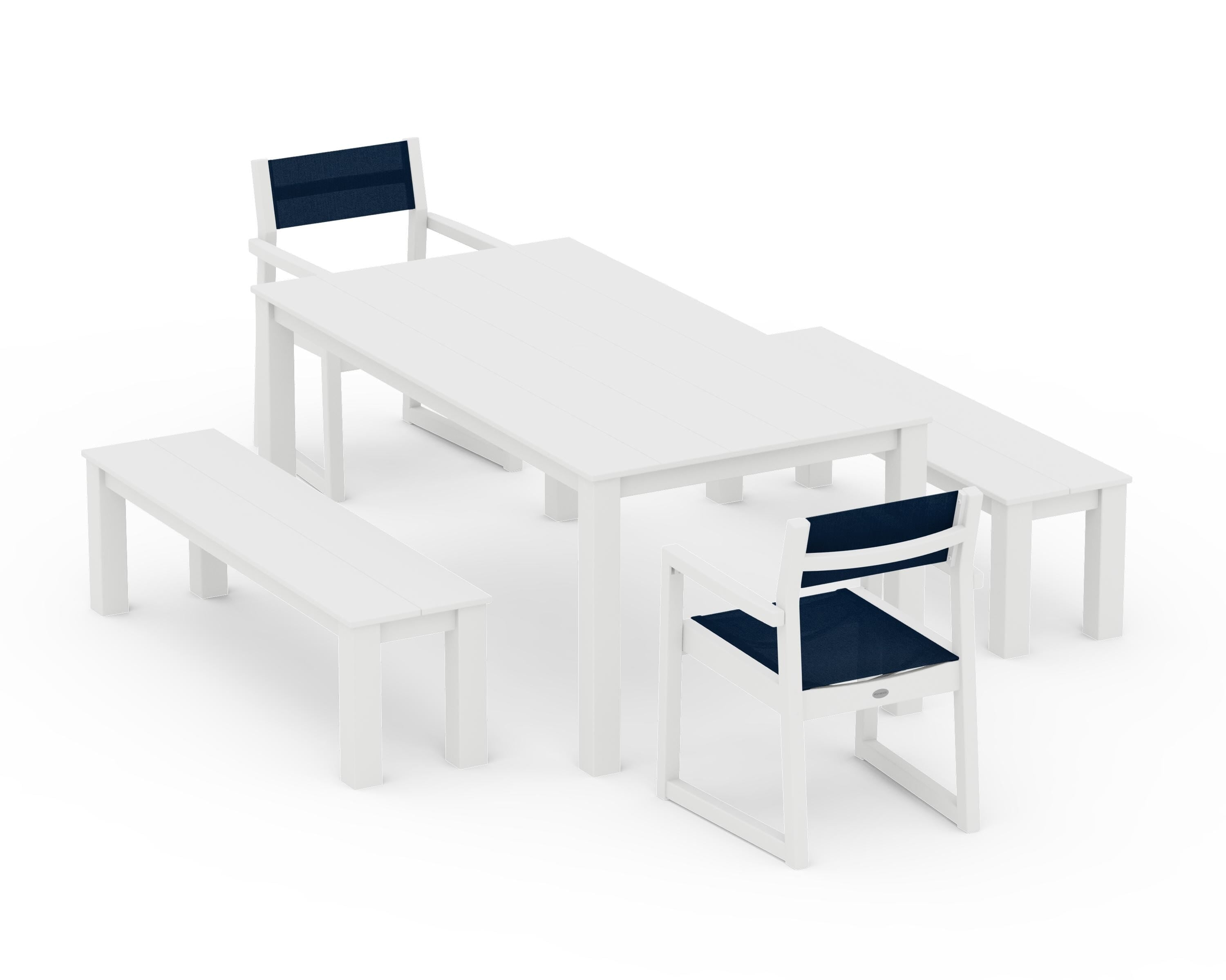 POLYWOOD® EDGE Sling Arm Chair 5-Piece Parsons Dining Set with Benches in White / Navy Blue Sling