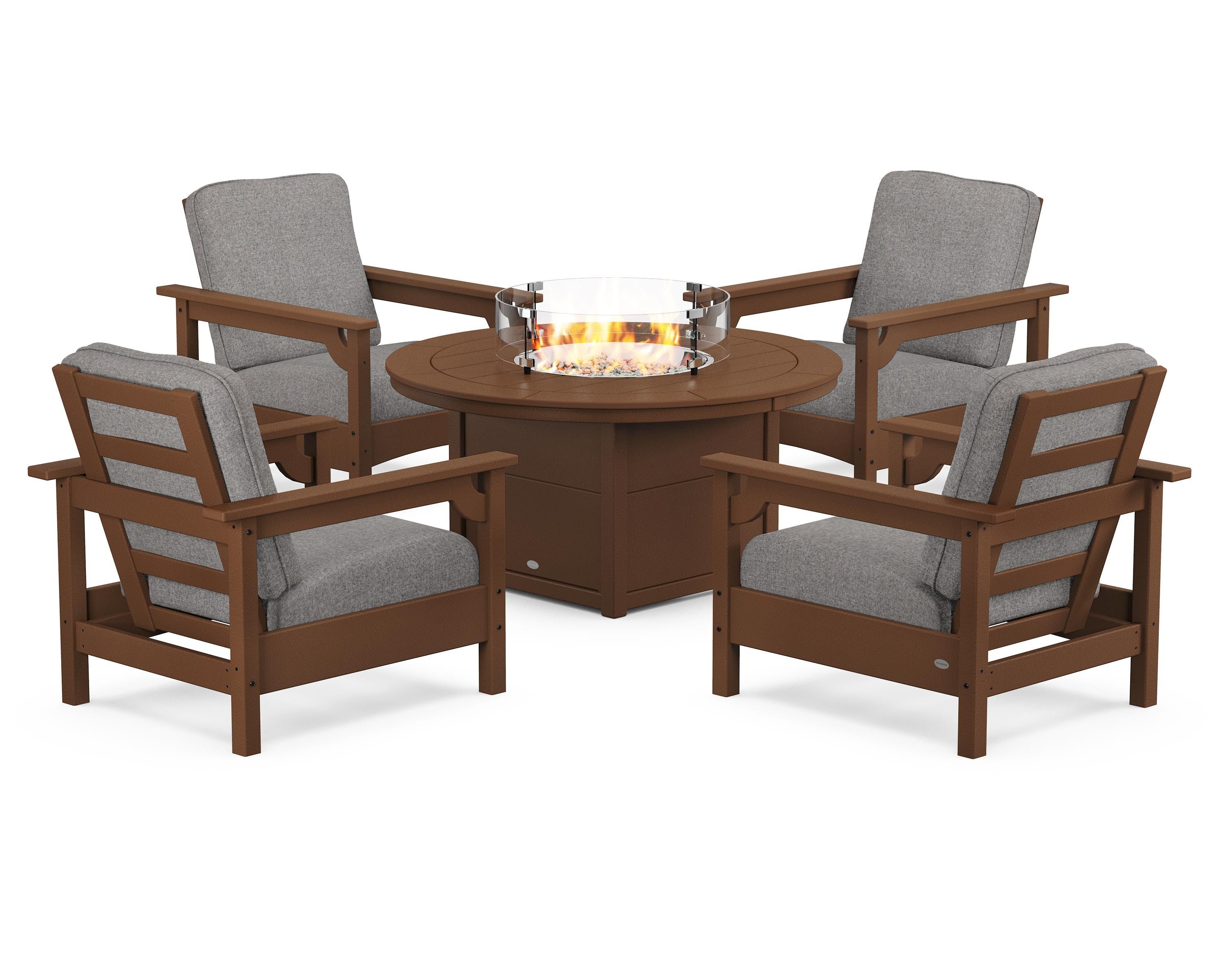 POLYWOOD® Club 5-Piece Conversation Set with Fire Pit Table in Teak / Grey Mist