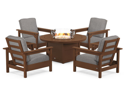 POLYWOOD® Club 5-Piece Conversation Set with Fire Pit Table in Teak / Grey Mist