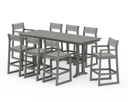 POLYWOOD® EDGE Sling 9-Piece Farmhouse Bar Set with Trestle Legs in Slate Grey / Metallic Sling