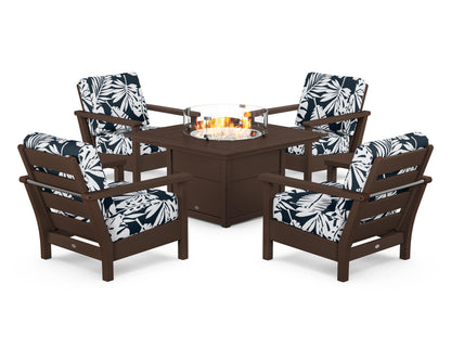 POLYWOOD® Harbour 5-Piece Conversation Set with Fire Pit Table in Mahogany / Leaf Marine Indigo