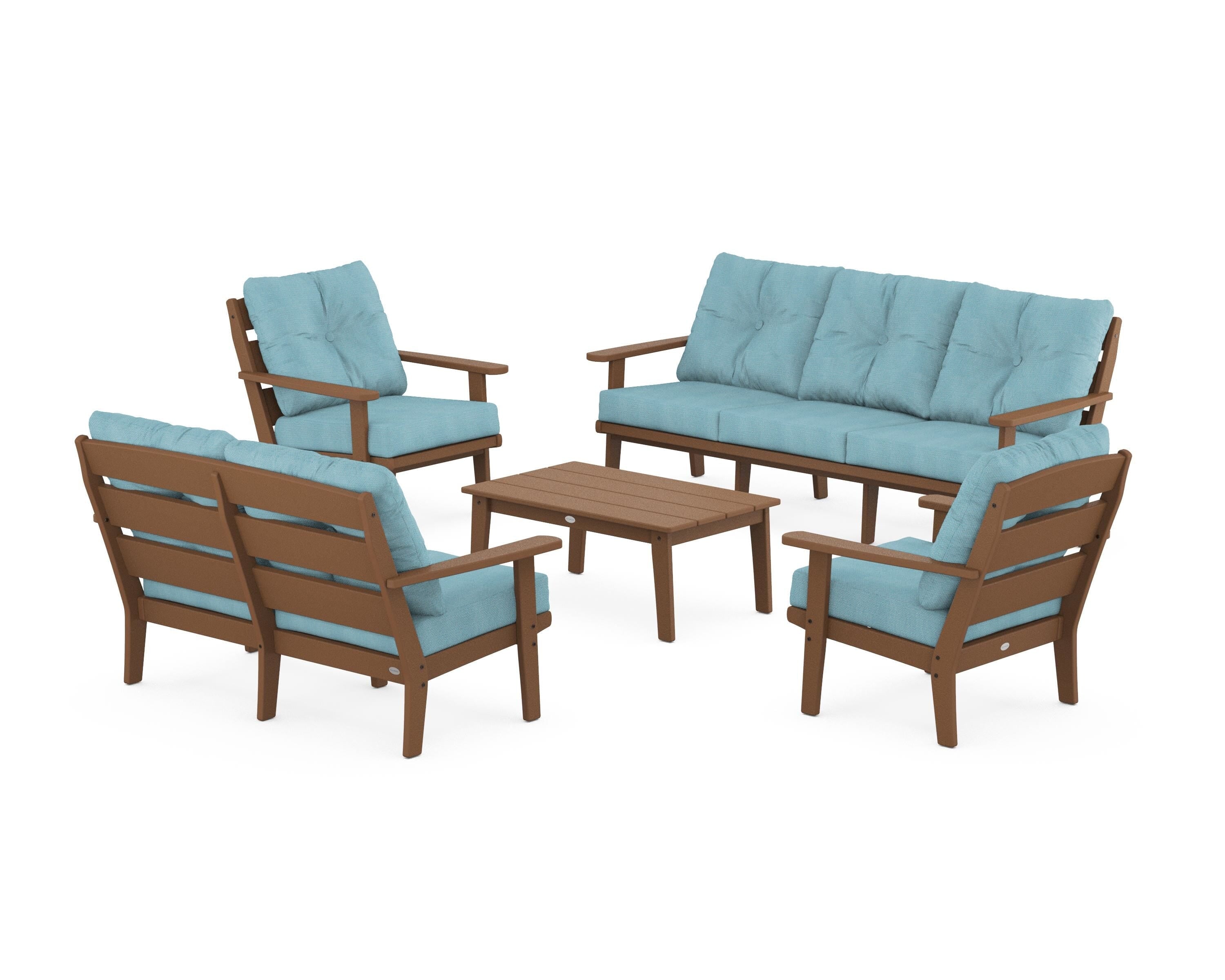 POLYWOOD® Lakeside 5-Piece Lounge Sofa Set in Teak / Lattice Sky Blue