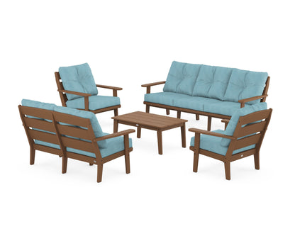POLYWOOD® Lakeside 5-Piece Lounge Sofa Set in Teak / Lattice Sky Blue