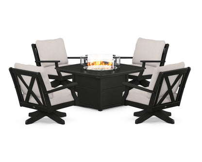 POLYWOOD® Braxton 5-Piece Deep Seating Swivel Conversation Set with Fire Pit Table in Black / Dune Burlap