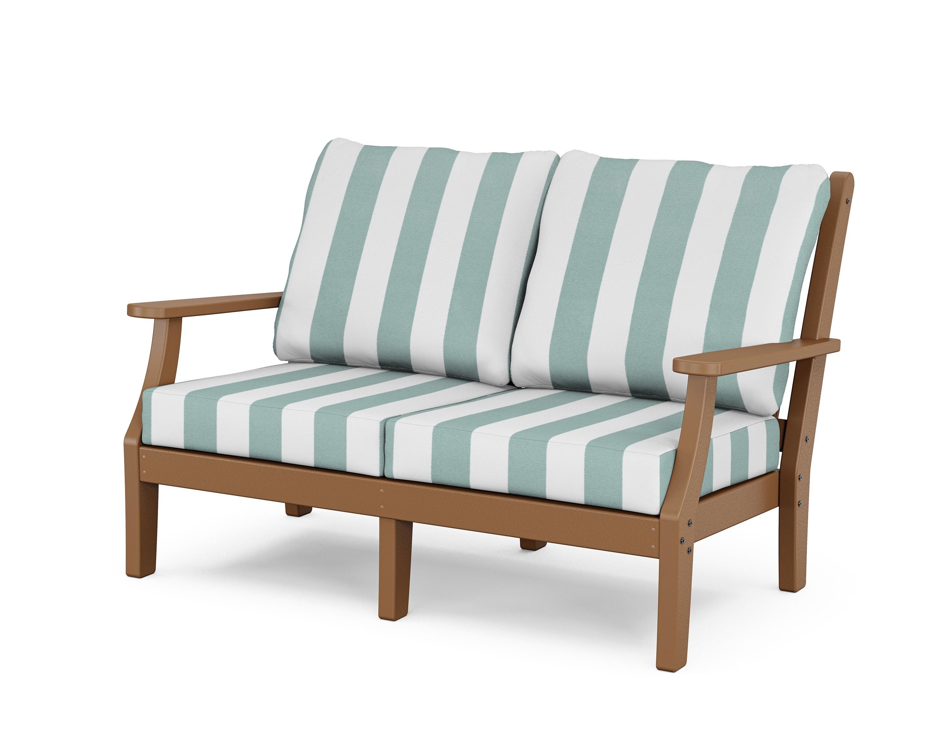 Country Living Wovendale Deep Seating Loveseat in Teak / Cabana Stripe Glacier Spa