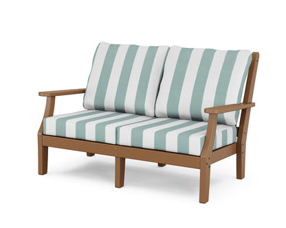 Country Living Wovendale Deep Seating Loveseat in Teak / Cabana Stripe Glacier Spa