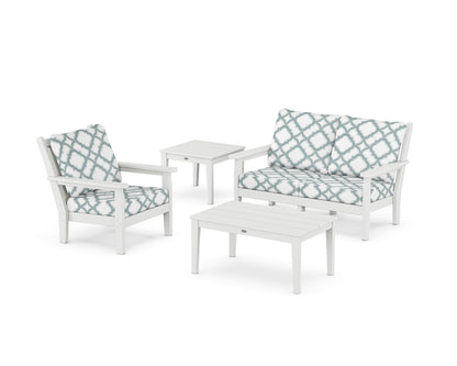 POLYWOOD® Chippendale 4-Piece Deep Seating Set in White / Trellis Glacier Spa