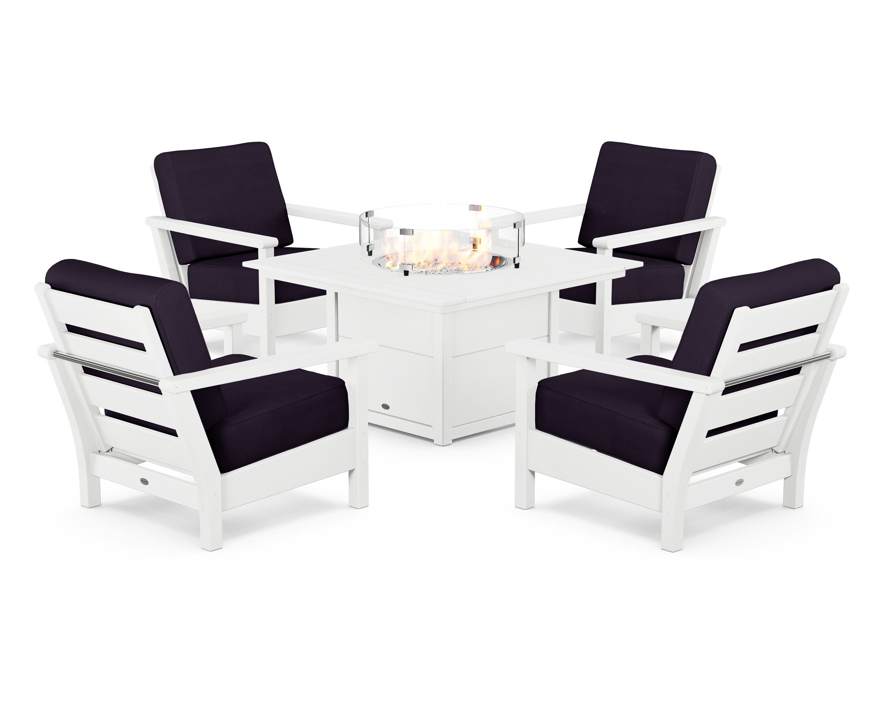 POLYWOOD® Harbour 5-Piece Conversation Set with Fire Pit Table in White / Navy Linen