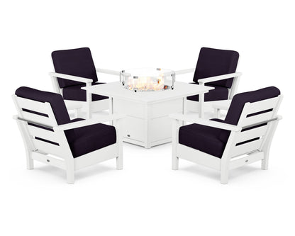 POLYWOOD® Harbour 5-Piece Conversation Set with Fire Pit Table in White / Navy Linen