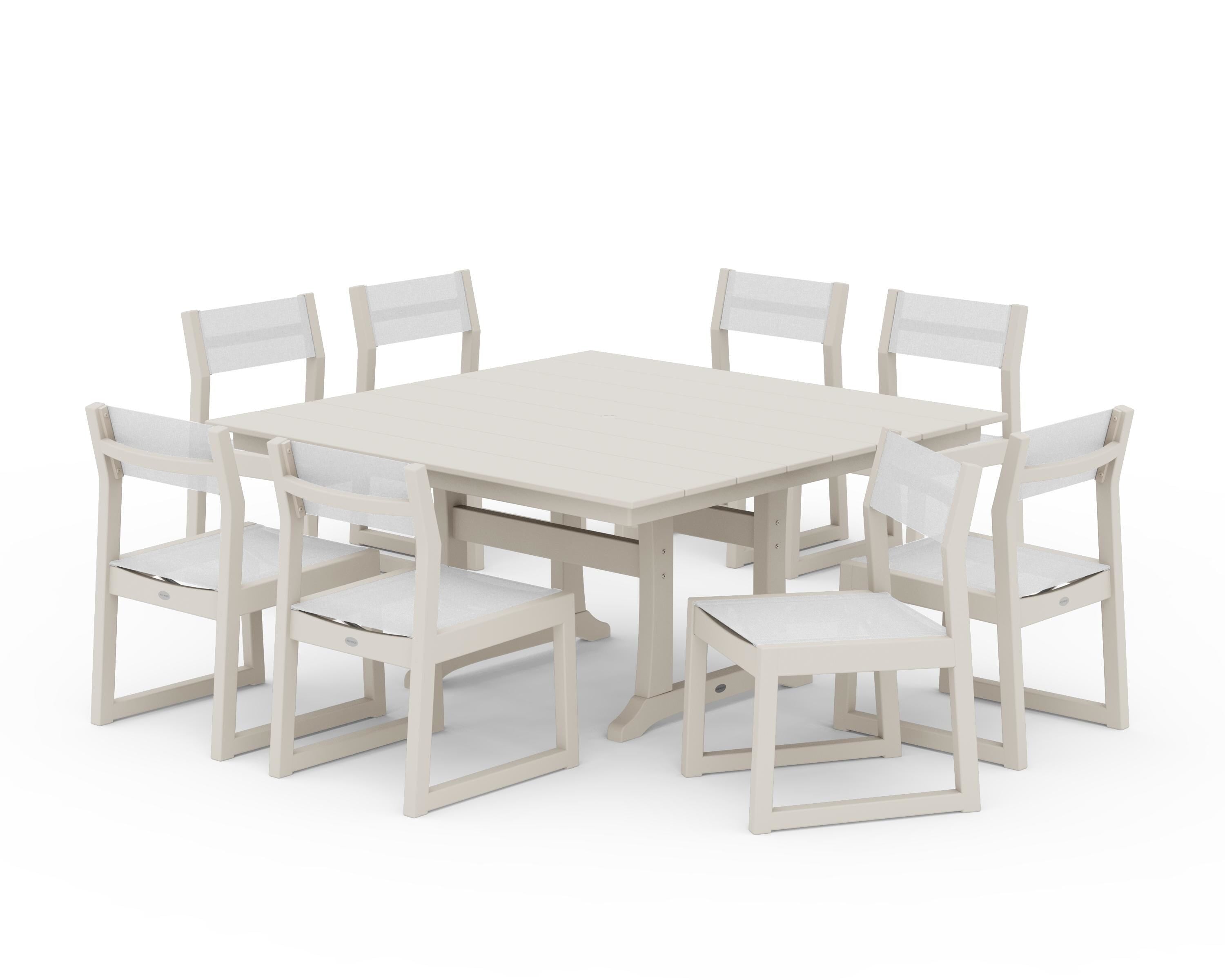 POLYWOOD® EDGE Sling Side Chair 9-Piece Farmhouse Trestle Dining Set in Sand / White Sling