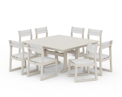 POLYWOOD® EDGE Sling Side Chair 9-Piece Farmhouse Trestle Dining Set in Sand / White Sling