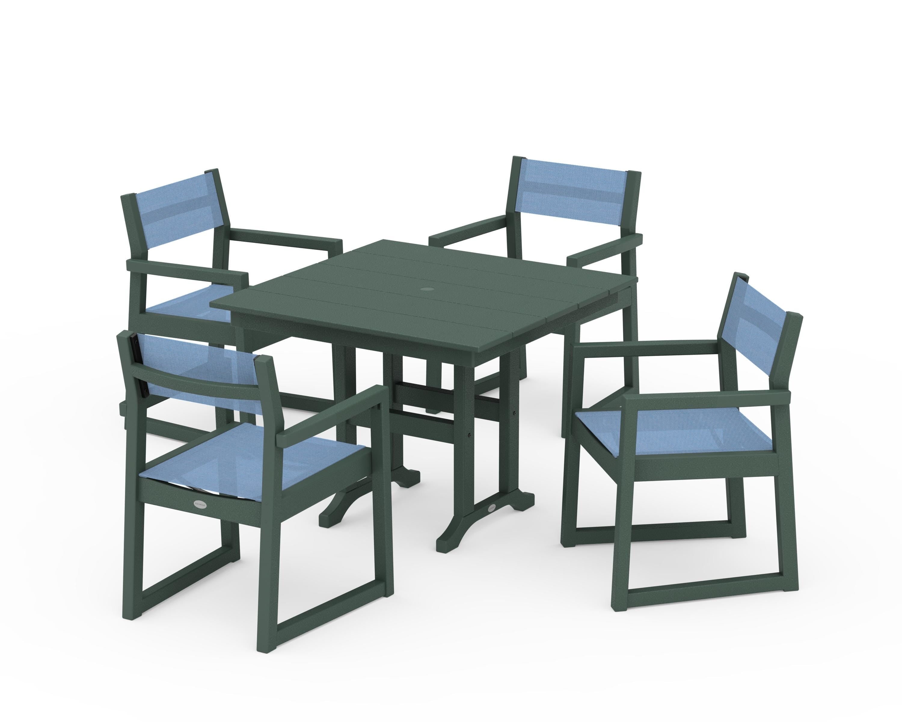 POLYWOOD® EDGE Sling Arm Chair 5-Piece Farmhouse Dining Set in Green / Poolside Sling