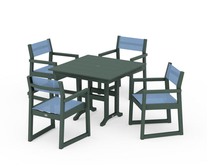 POLYWOOD® EDGE Sling Arm Chair 5-Piece Farmhouse Dining Set in Green / Poolside Sling