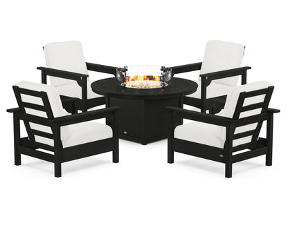 POLYWOOD® Club 5-Piece Conversation Set with Fire Pit Table in Black / Natural Linen