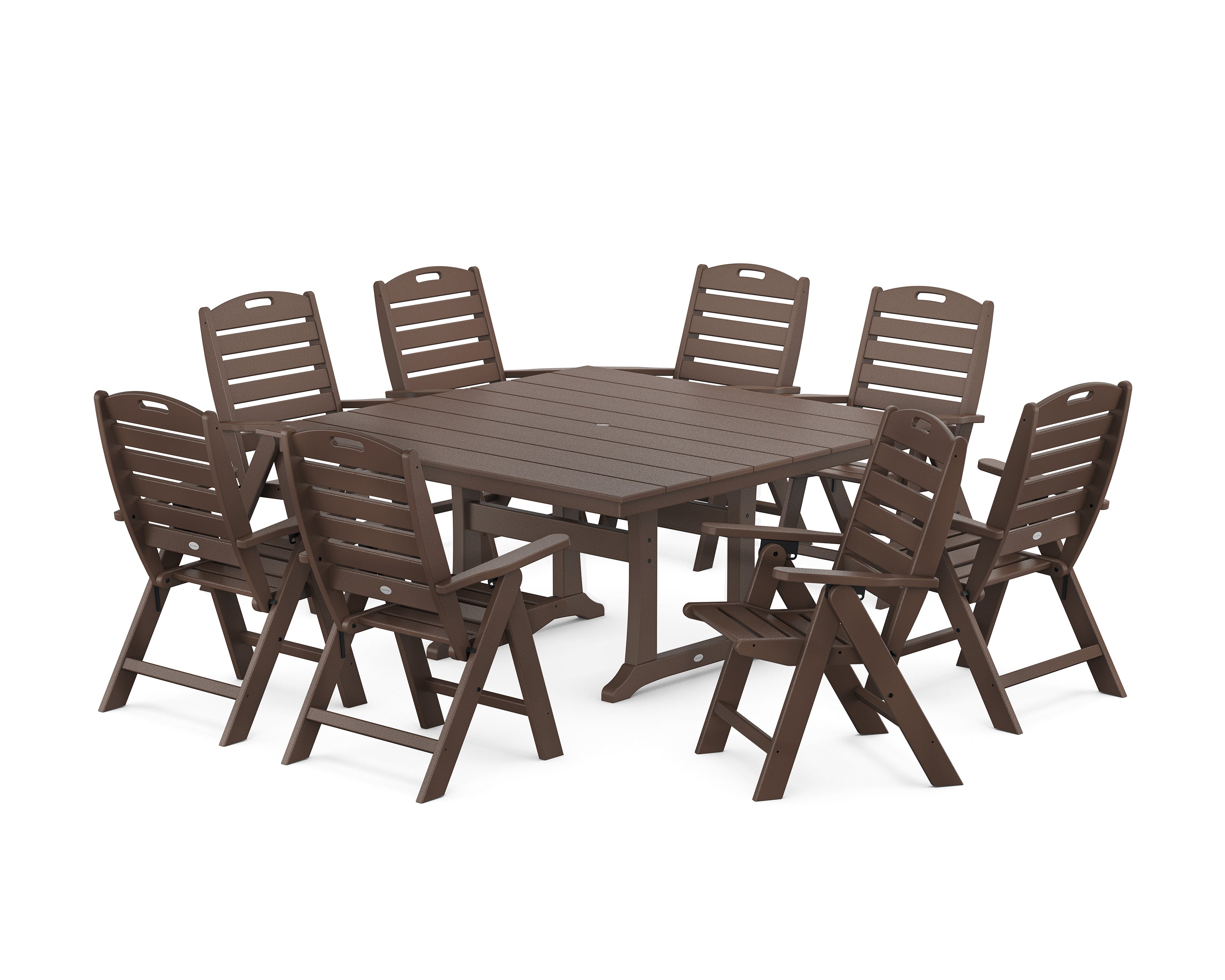 POLYWOOD® Nautical Highback 9-Piece Square Farmhouse Dining Set with Trestle Legs in Mahogany
