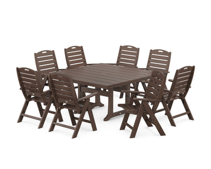 POLYWOOD® Nautical Highback 9-Piece Square Farmhouse Dining Set with Trestle Legs in Mahogany