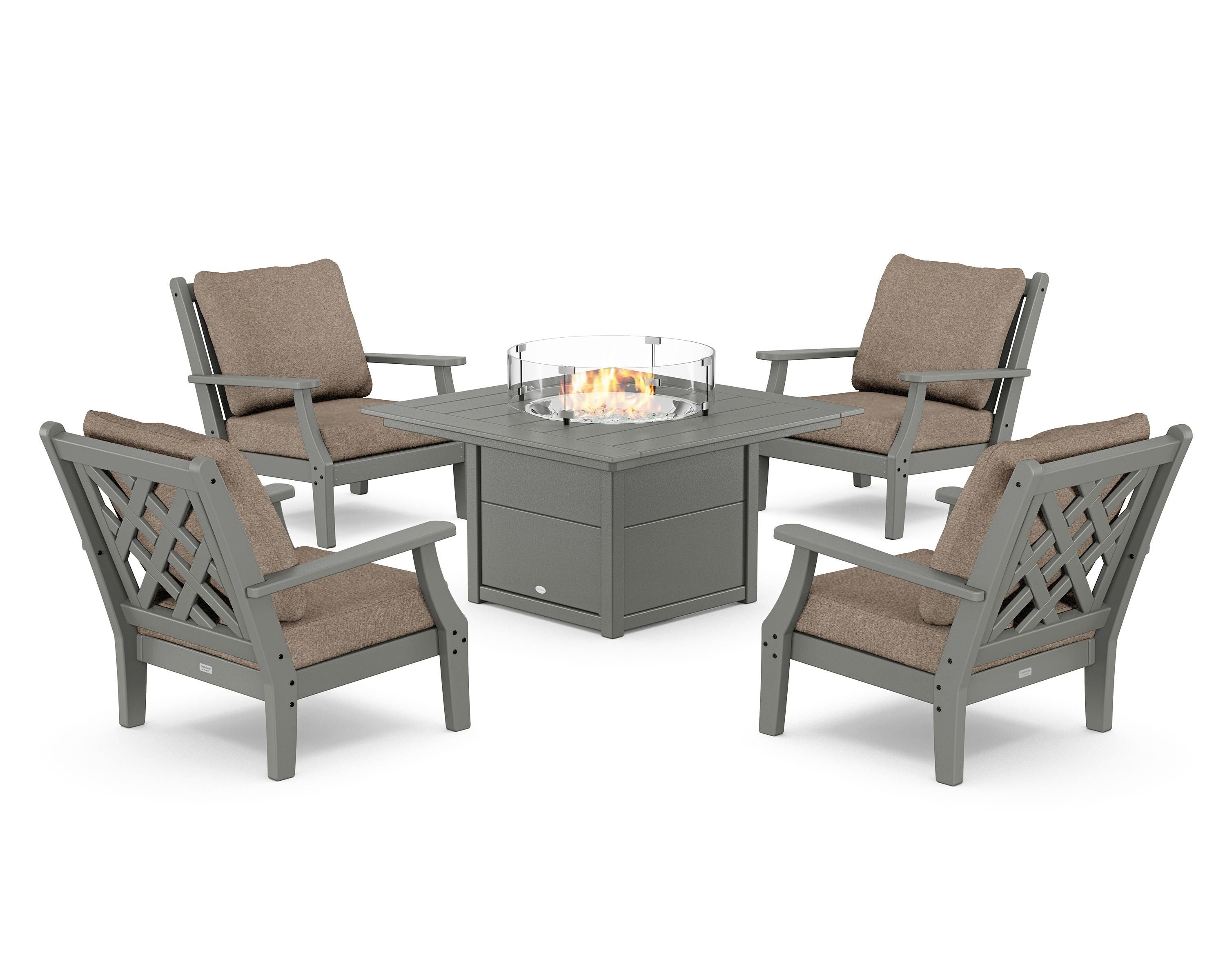 Country Living Wovendale 5-Piece Deep Seating Set with Fire Pit Table in Slate Grey / Spiced Burlap