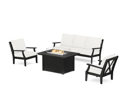 POLYWOOD® Braxton Deep Seating Fire Pit Table Set in Black / Natural Linen