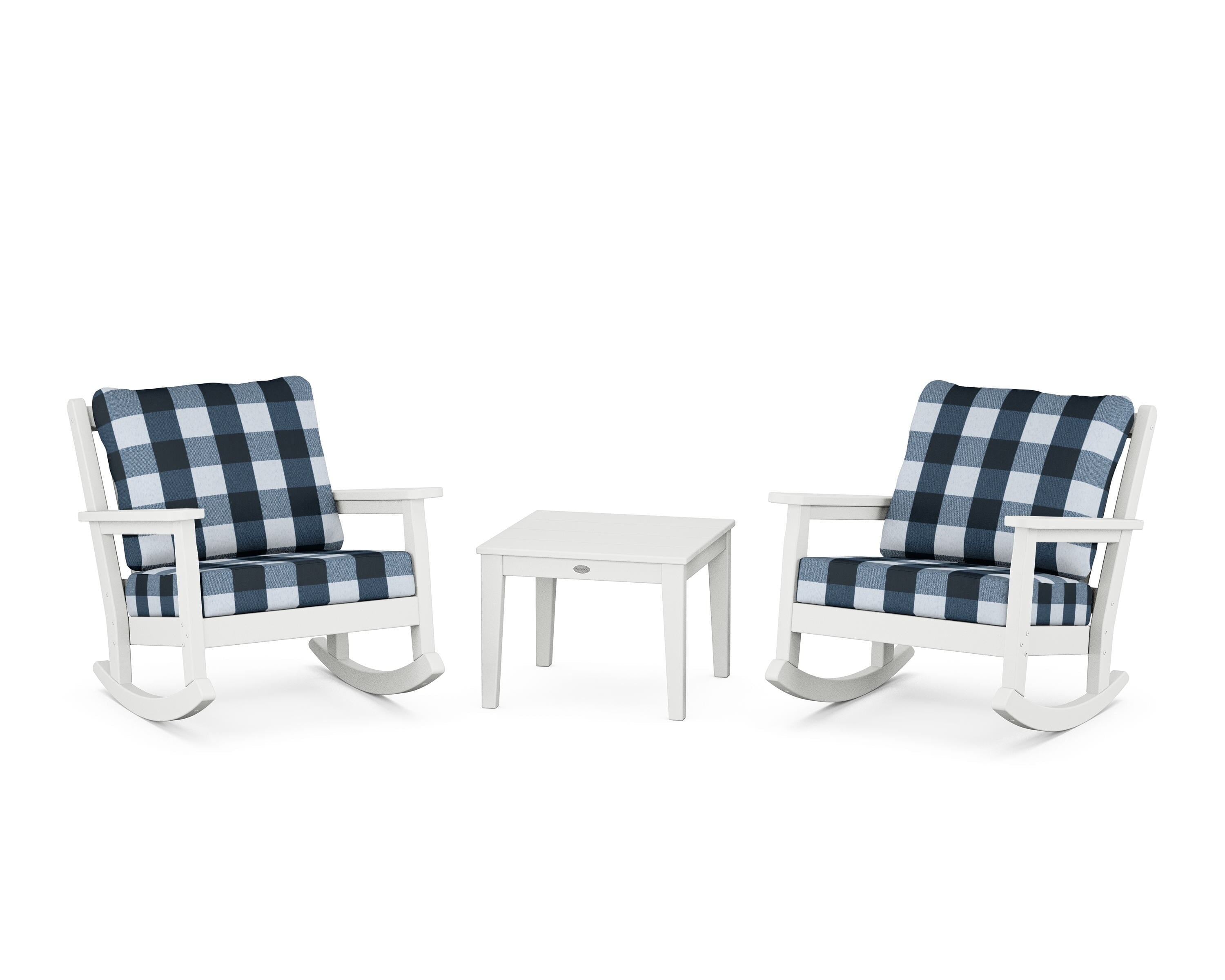 POLYWOOD® Chippendale 3-Piece Deep Seating Rocker Set in White / Buffalo Plaid Marine Indigo