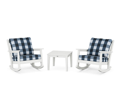 POLYWOOD® Chippendale 3-Piece Deep Seating Rocker Set in White / Buffalo Plaid Marine Indigo