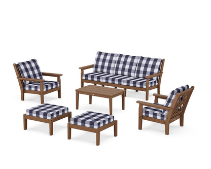 POLYWOOD® Chippendale 6-Piece Lounge Sofa Set in Teak / Buffalo Plaid Navy