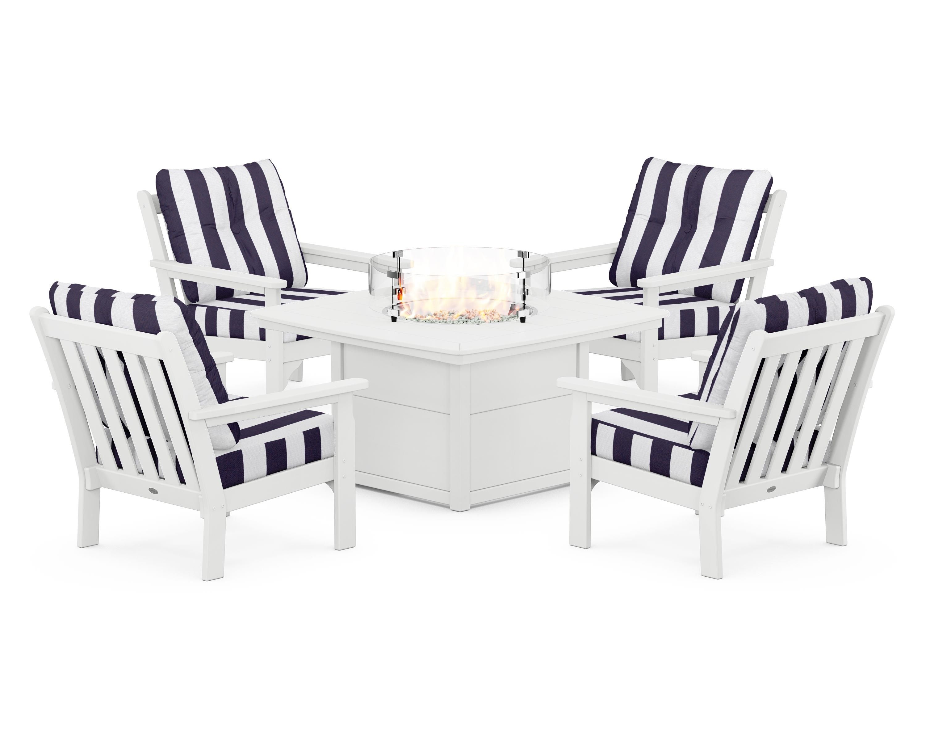 POLYWOOD® Vineyard 5-Piece Conversation Set with Fire Pit Table in White / Cabana Stripe Navy
