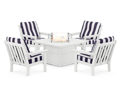 POLYWOOD® Vineyard 5-Piece Conversation Set with Fire Pit Table in White / Cabana Stripe Navy
