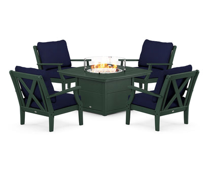 POLYWOOD® Braxton 5-Piece Deep Seating Conversation Set with Fire Pit Table in Green / Navy