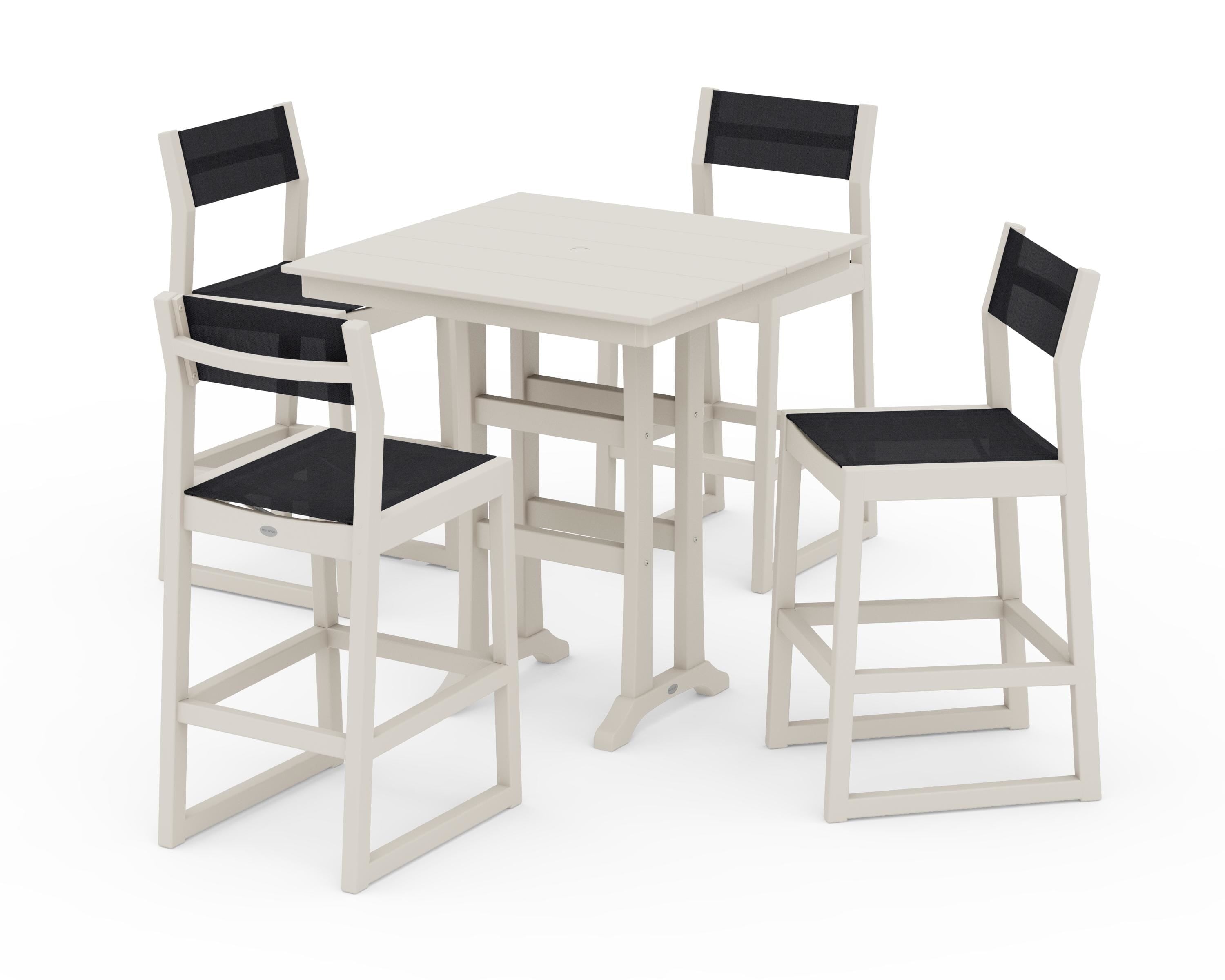 POLYWOOD® EDGE Sling Arm Chair 5-Piece Farmhouse Bar Set with Trestle Legs in Sand / Black Sling