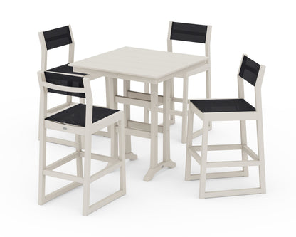 POLYWOOD® EDGE Sling Arm Chair 5-Piece Farmhouse Bar Set with Trestle Legs in Sand / Black Sling