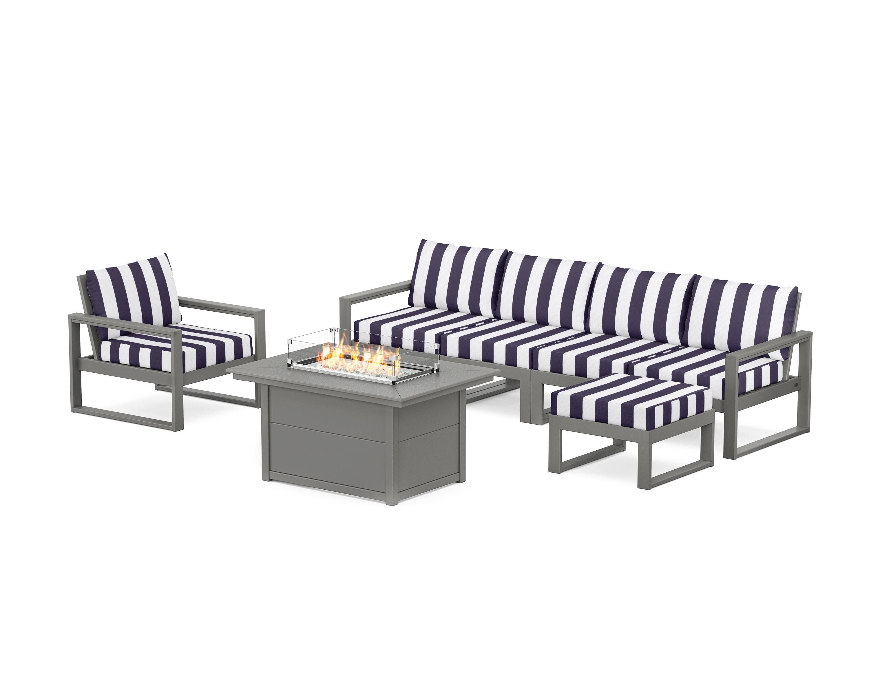 POLYWOOD® EDGE Sectional Lounge and Fire Pit Set in Slate Grey / Cabana Stripe Navy