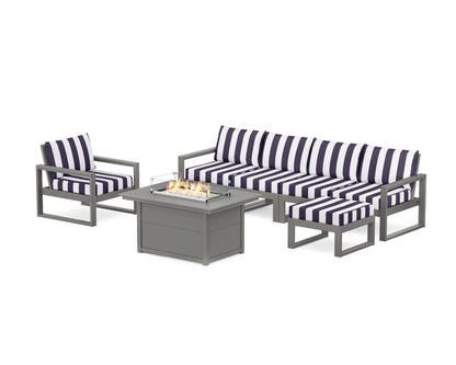 POLYWOOD® EDGE Sectional Lounge and Fire Pit Set in Slate Grey / Cabana Stripe Navy