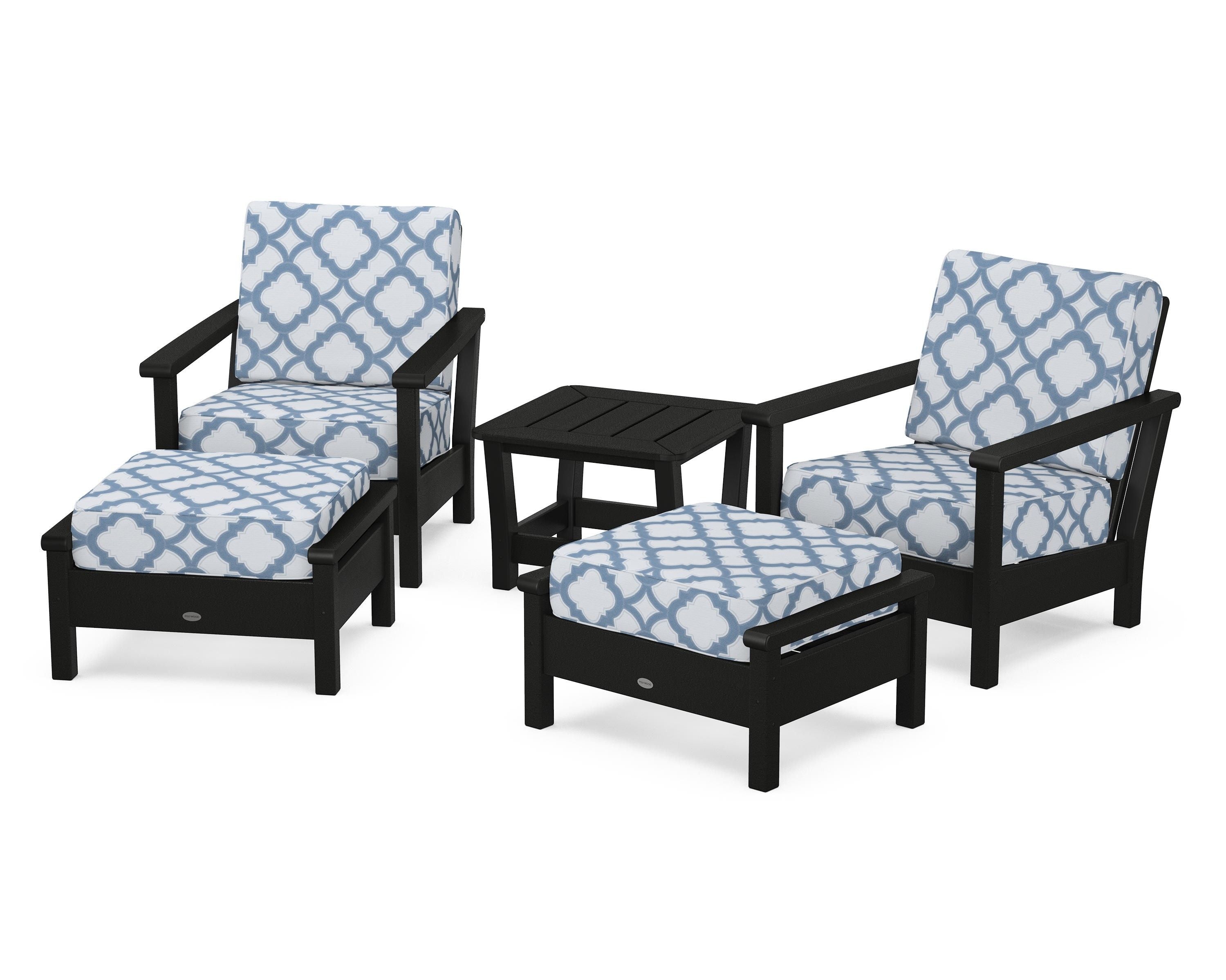 POLYWOOD® Harbour 5-Piece Deep Seating Chair Set in Black / Trellis Sky Blue