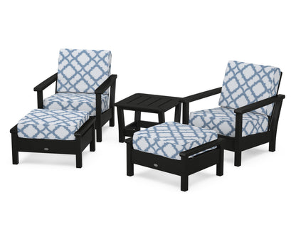 POLYWOOD® Harbour 5-Piece Deep Seating Chair Set in Black / Trellis Sky Blue