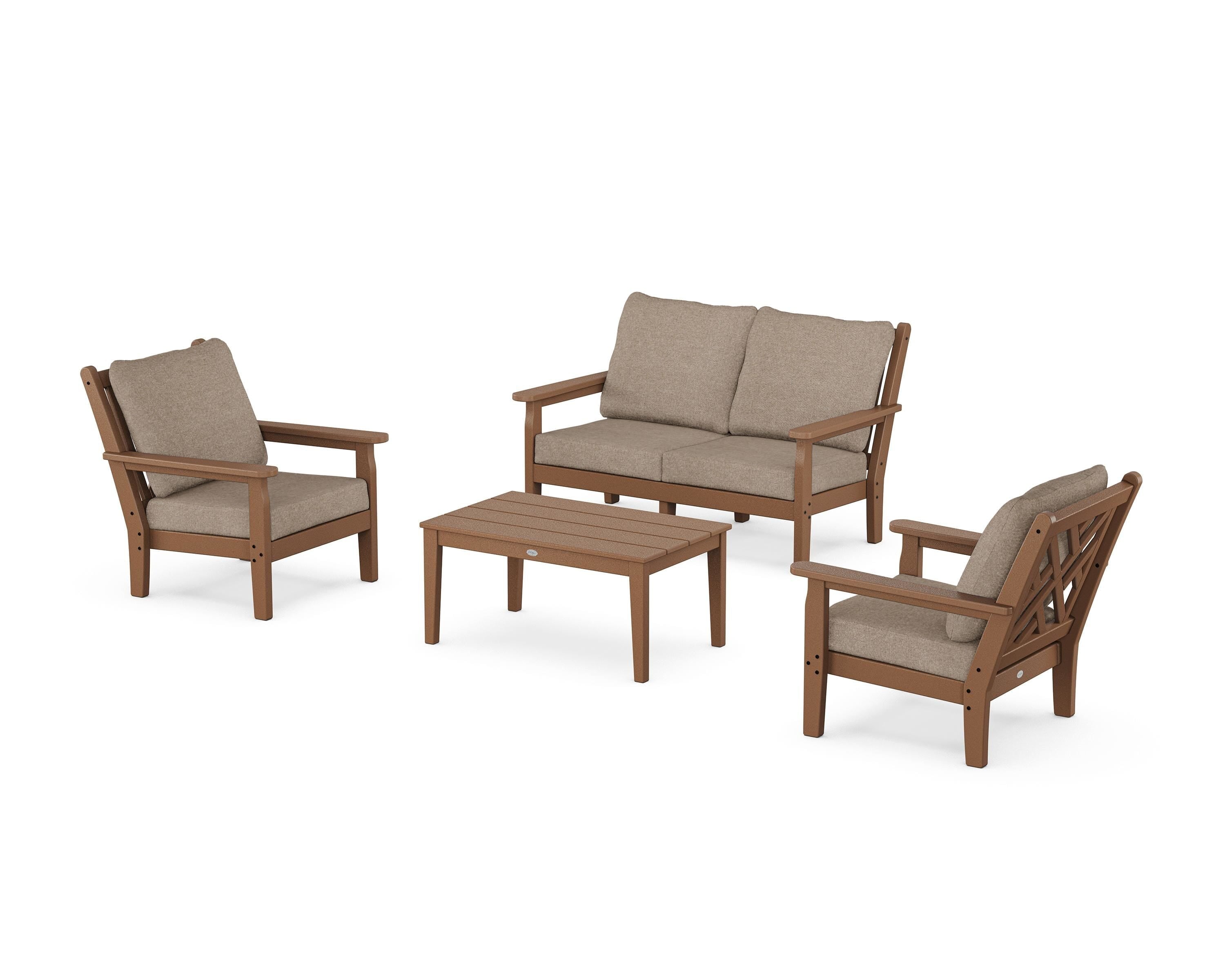 POLYWOOD® Chippendale 4-Piece Deep Seating Set with Loveseat in Teak / Spiced Burlap