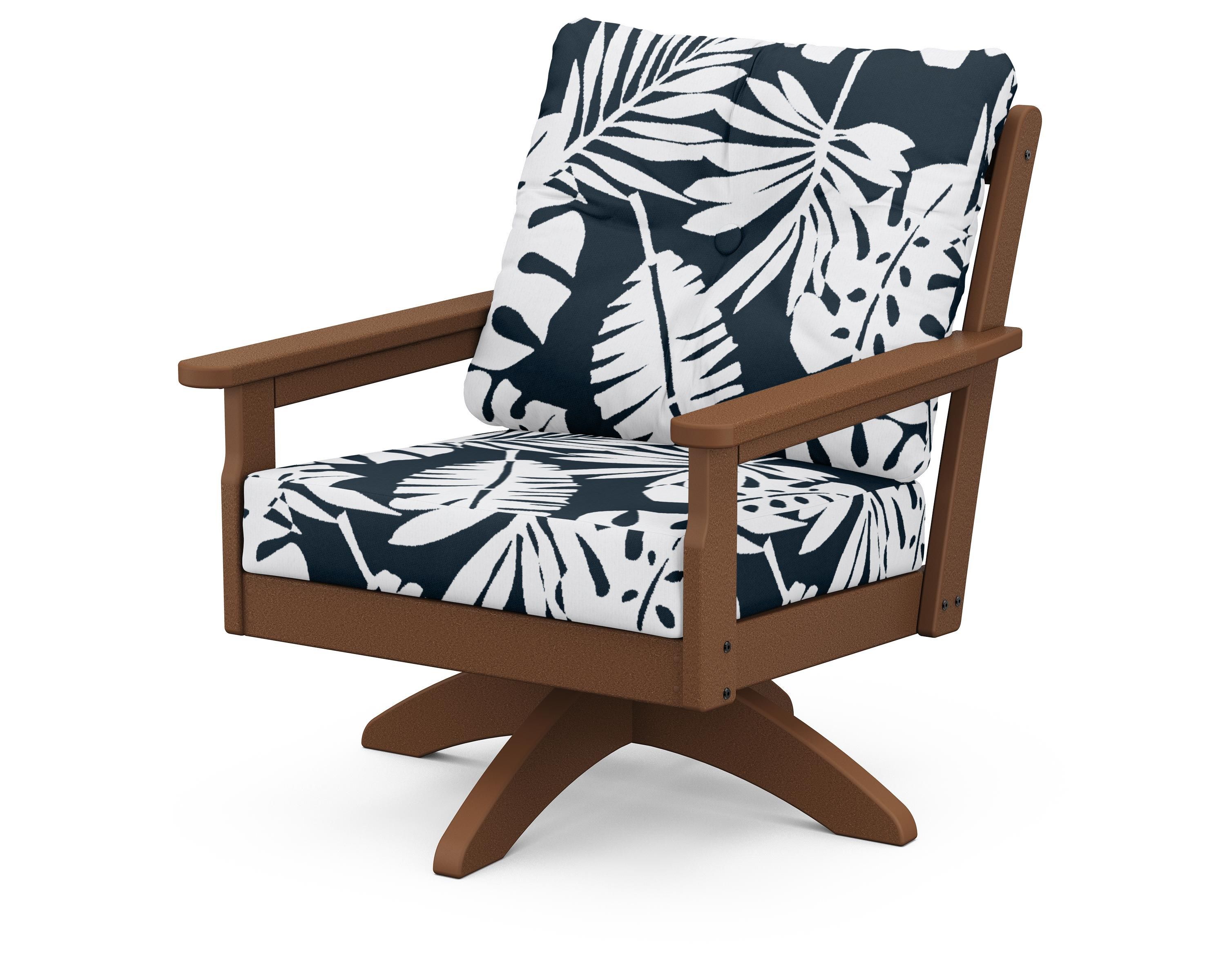 POLYWOOD® Vineyard Deep Seating Swivel Chair in Teak / Leaf Marine Indigo