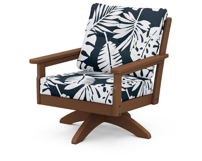 POLYWOOD® Vineyard Deep Seating Swivel Chair in Teak / Leaf Marine Indigo