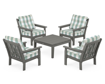POLYWOOD® Vineyard 5-Piece Deep Seating Conversation Set in Slate Grey / Buffalo Plaid Glacier Spa