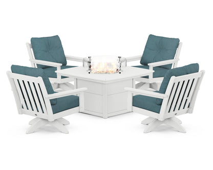 POLYWOOD® Vineyard 5-Piece Deep Seating Swivel Conversation Set with Fire Pit Table in White / Ocean Teal