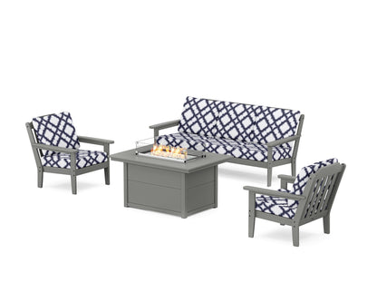 Country Living Cottage Deep Seating Fire Pit Table Set in Slate Grey / Trellis Navy