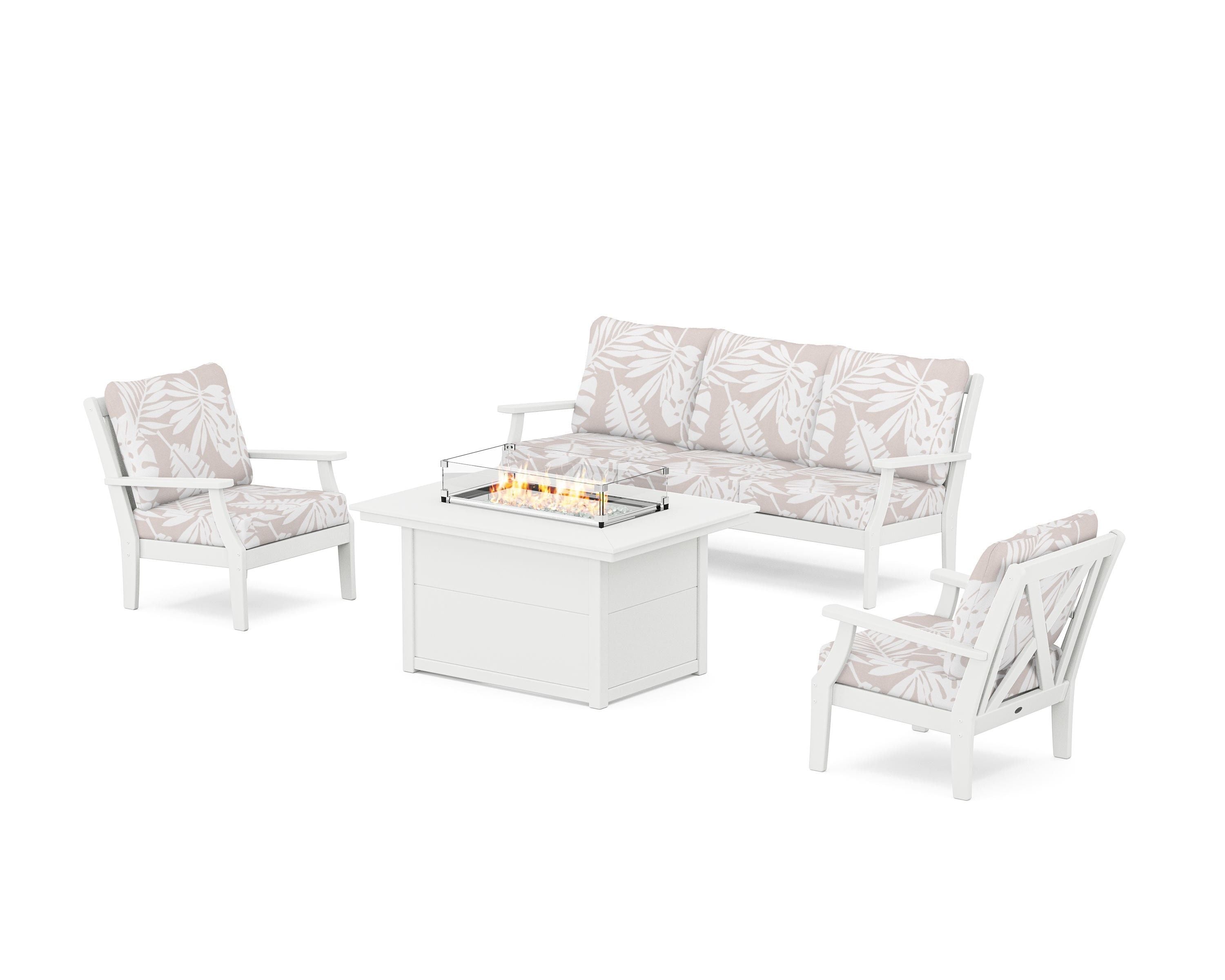 POLYWOOD® Braxton Deep Seating Fire Pit Table Set in White / Leaf Dune Burlap