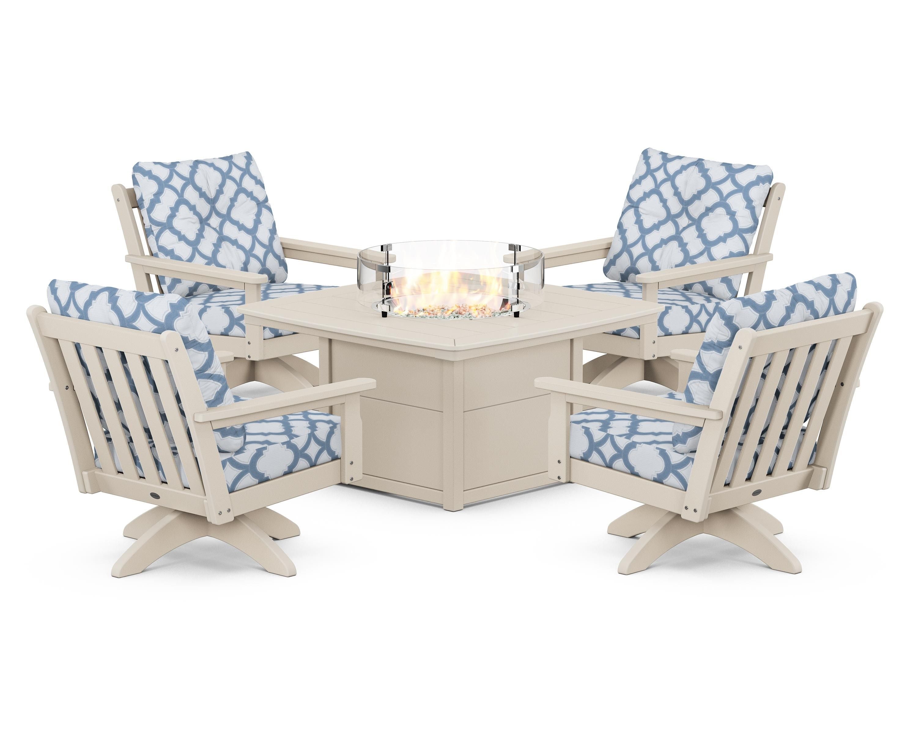 POLYWOOD® Vineyard 5-Piece Deep Seating Swivel Conversation Set with Fire Pit Table in Sand / Trellis Sky Blue
