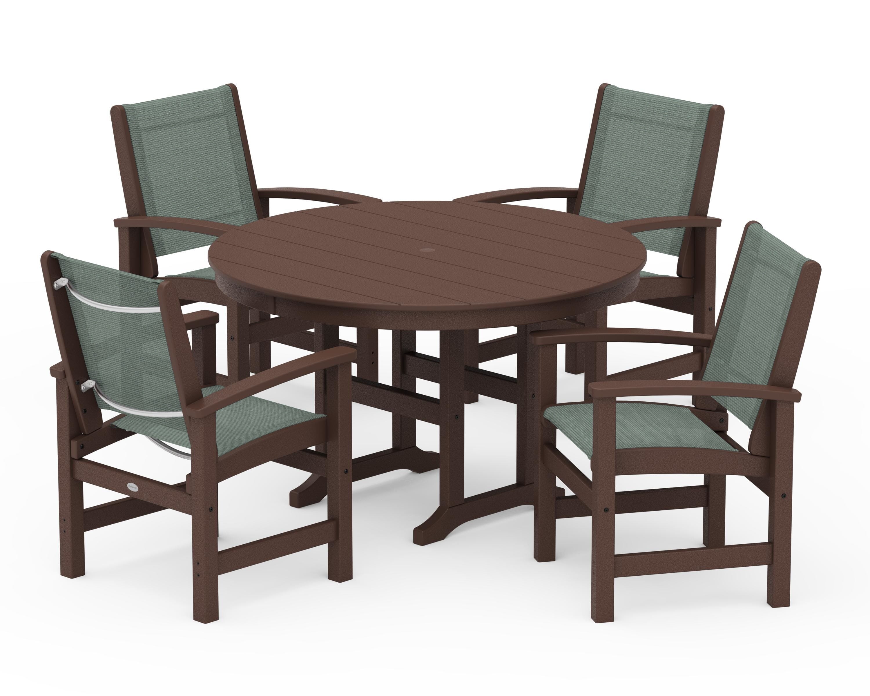 POLYWOOD® Coastal 5-Piece Round Farmhouse Dining Set in Mahogany / Dupioni Sea Mist Sling