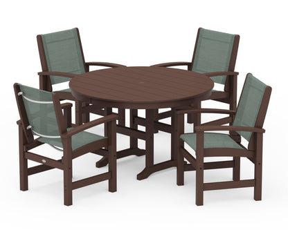 POLYWOOD® Coastal 5-Piece Round Farmhouse Dining Set in Mahogany / Dupioni Sea Mist Sling